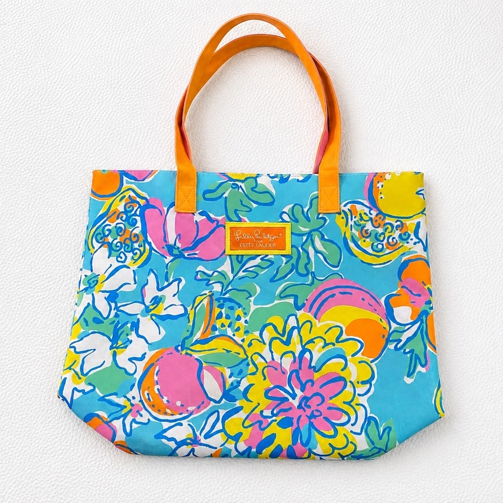 Lilly Pulitzer for Estee Lauder Floral Canvas Tote Bag Blue Pink Orange Tropical